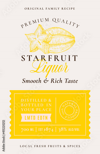 Family Recipe Starfruit Liquor Acohol Label. Abstract Vector Packaging Design Layout. Modern Typography Banner with Hand Drawn Fruit Silhouette Logo and Background. Isolated