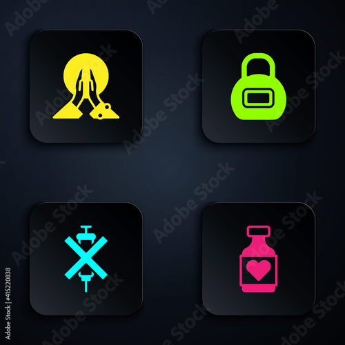 Set Vitamin pill, Meditation, No doping syringe and Kettlebell. Black square button. Vector.