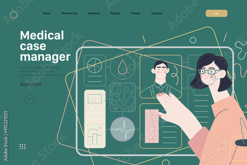 Medical insurance template -medical case manager -modern flat vector concept digital illustration of a manager reordering the medical procedures and diagnosiss, process metaphor, medical insurance