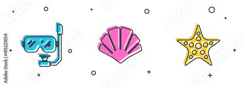 Set Diving mask and snorkel, Scallop sea shell and Starfish icon. Vector.