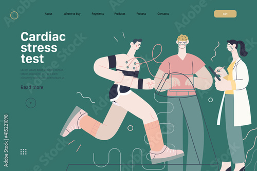 Medical tests template - cardiac stress test -modern flat vector concept digital illustration of stress test procedure -patient with sensors on treadmill and doctors carrying out procedure, laboratory