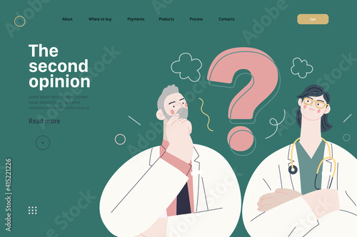 Medical insurance template -second opinion on a matter -modern flat vector concept digital illustration of two doctors and a question mark, second medical opinion metaphor, medical insurance plan