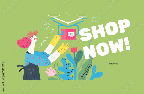 Discounts, sale, promotion -delivery -modern outlined flat vector concept illustration of a woman doing gardening job, wearing apron and gloves receiving an online order shipped with a drone. Shop now