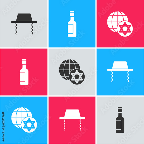 Set Orthodox jewish hat, Jewish wine bottle and World Globe and Israel icon. Vector.