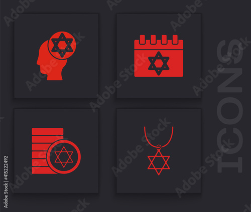 Set Star of David necklace on chain, Orthodox jewish hat, Jewish calendar and coin icon. Vector.