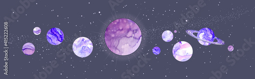 Modern magic witchcraft card with solar system. Alcohol ink occult illustration