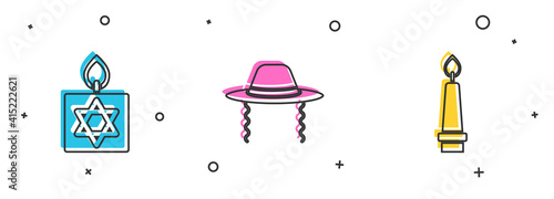 Set Burning candle, Orthodox jewish hat and icon. Vector.