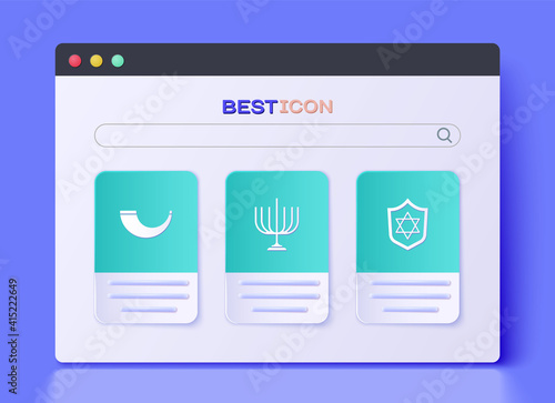 Set Hanukkah menorah, Traditional ram horn, shofar and Shield with Star David icon. Vector.