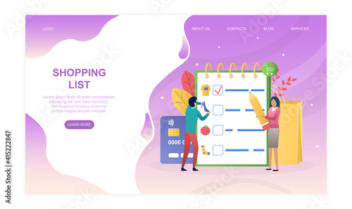 Male and female characters are making shopping list together. Man and woman writing down list of items to buy. Website  web page  landing page template. Flat cartoon vector illustration