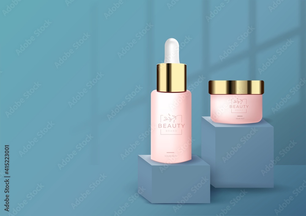 Skincare and beauty products ad with pink cosmetics bottles on podiums with blue background.Minimal trendy realistic design for banner, poster, flyer, sale. Cosmetic 3d Vector illustration background