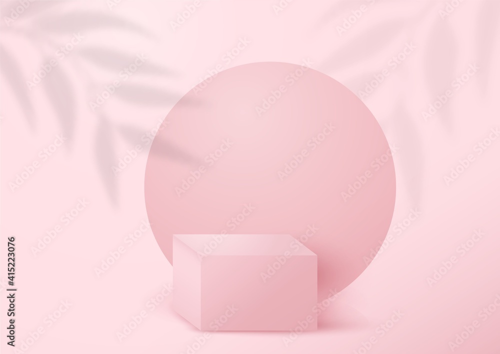 3d Abstract background with tropical leaves shadows, pink podium, geometric forms and pink background. Vector realistic illustration for fashion,cosmetics, sale, accessorizes ad. Trendy minimal style. 3d Abstract background with tropical leaves shadows, pink podium, geometric forms and pink background. Vector realistic illustration for fashion,cosmetics, sale, accessorizes ad. Trendy minimal style.