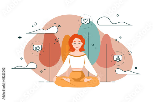 Girl meditates in the lotus position in the park or forest. The process of relaxation and recovery from social and like addiction. Approval seeking and emotional dependency. Addicted to Likes Vector