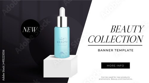 Skincare and makeup ad banner template win minimal black and white colors. Elegant cosmetic bottle on podium for sale, flyer, poster ad. 3d Vector illustration on white background for luxury products