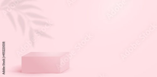 3d Abstract background with tropical leaves shadows decoration, pink podium or stage and pink background. Vector realistic illustration template for fashion, makeup, skincare, accessorizes ads
