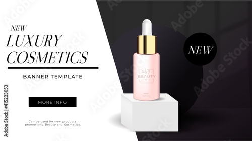 Elegant 3d banner template for makeup or skincare ads. Luxury vector design for flyer, sale, new collection ad. Pink, gold bottle on white podium, abstract forms on black background with shadow effect