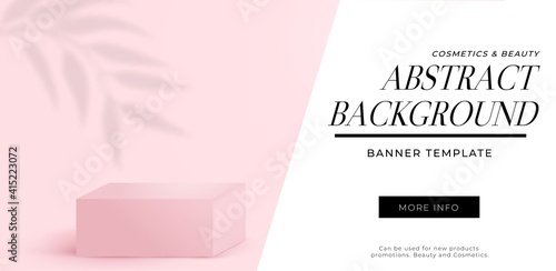 3d Abstract background with pink tropical leaves shadows, pink podium and clear wall background. Vector realistic illustration template for fashion, cosmetics, accessorizes ads. Trendy minimal style.