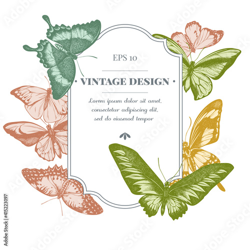 Badge design with pastel great orange-tip, emerald swallowtail, jungle queens, plain tiger, rajah brooke s birdwing, papilio torquatus, swallowtail butterfly