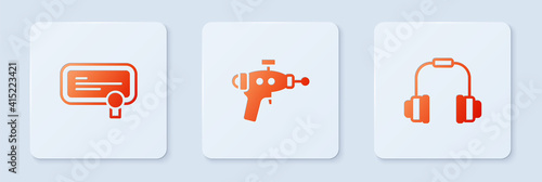 Set Ray gun, Certificate template and Headphones. White square button. Vector.