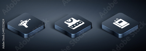 Set Isometric Ray gun, Book and Waistcoat icon. Vector.