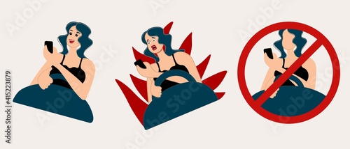 A woman talking on a cell phone while driving a car and had an accident. Road hazard concept. Isolated vector set in flat style on white background.