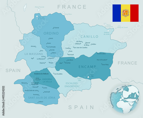 Blue-green detailed map of Andorra administrative divisions with country flag and location on the globe.