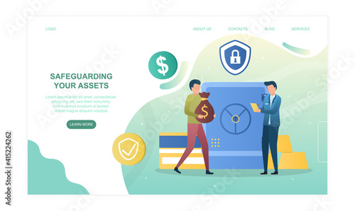 Male character is safeguarding his assets in bank. Concept of investing to banking system with good protection. Website, web page, landing page template. Flat cartoon vector illustration