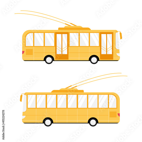 Trolleybus with two doors. Side view. Cartoon, flat style vector illustration. City public transport, electric bus isolated on white. Ecological city transport. 
