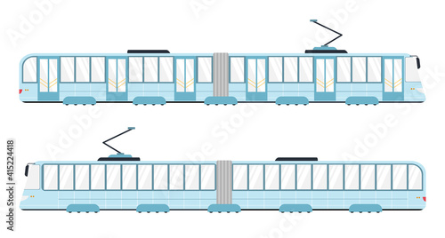 Tramway with six doors. Side view. Cartoon, flat style vector illustration. City public transport, modern tram isolated on white. Ecological city transport.