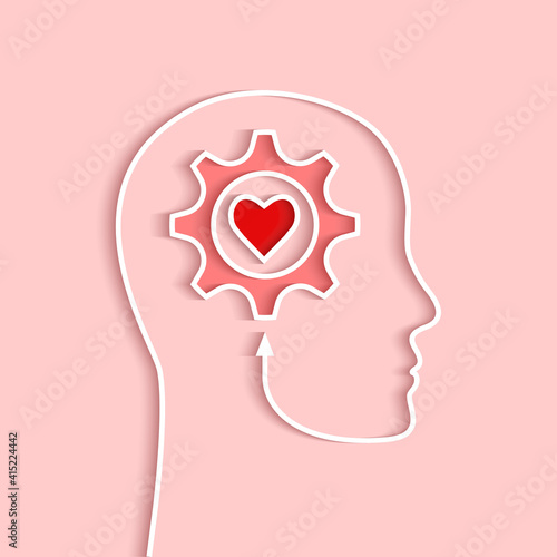 Head outline with gear and heart concept. Vector illustration in papercut style and shadow on light pink background.