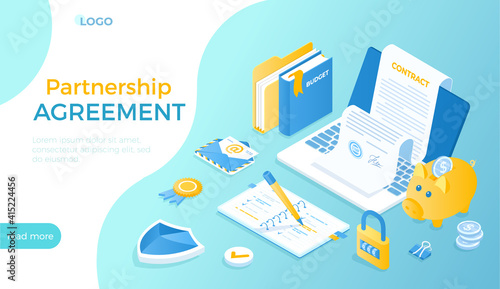 Agreement Partnership Deal. Successful business concept. Online contract inspecting and signing, document with electronic signature, stamp. Isometric vector illustration for website.