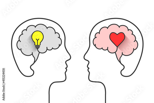 Intellectual and emotional intelligence or right and left brain hemispheres concept. Cerebral hemisphere dominance, IQ and EQ with head profile outline, brain, light bulb and heart symbol. photo
