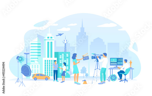 Movie director, cameraman, video editor. Film Production. Outdoor filmmaking scene. Shooting film with actors, camera, light, microphone. Vector illustration flat style.