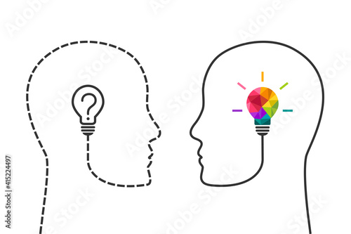 Human head made of dotted line and light bulb with question mark in comparison with continuous profile line and colorful lightbulb as creative thinking and idea concept