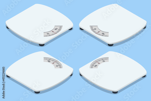 Isometric Bathroom Scales on white background, top view. Weight loss, healthy lifestyles, diet, proper nutrition.