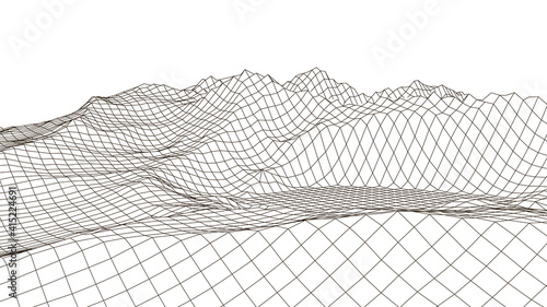 Abstraction. Landscaping of mountains. Wireframe landscape background. 3d sci-fi retro connection background. Futuristic vector illustration