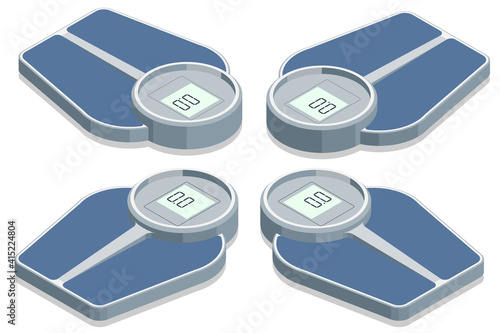Isometric Bathroom Scales on white background, top view. Weight loss, healthy lifestyles, diet, proper nutrition.