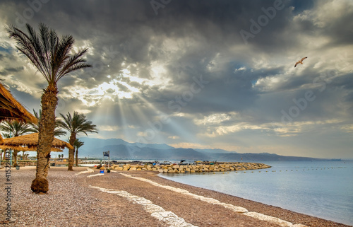 Morning at central public beach in Eilat     famous tourist resort and recreational city in Israel  Middle East