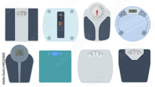 Bathroom scales on white background, top view. Weight loss, healthy lifestyles, diet, proper nutrition.