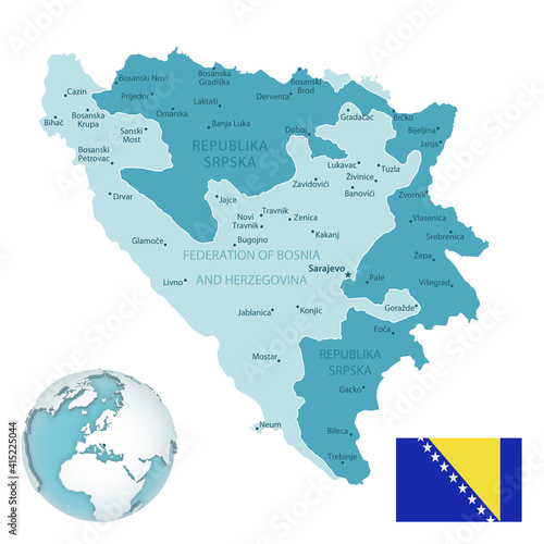 Bosnia and Herzegovina administrative blue-green map with country flag and location on a globe.