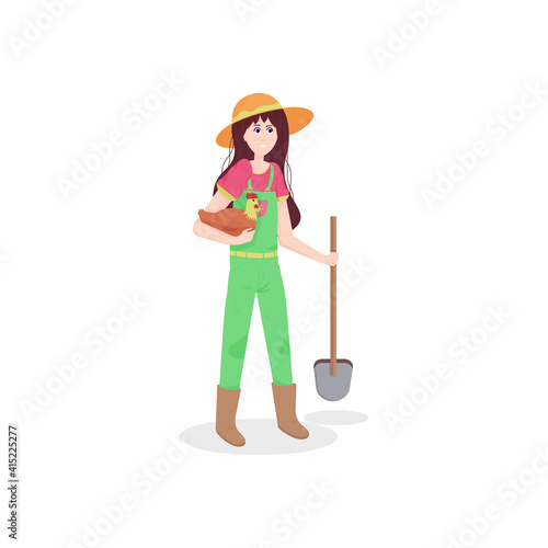 girl farmer holds chicken under the armpits isolated on white background. vector illustration
