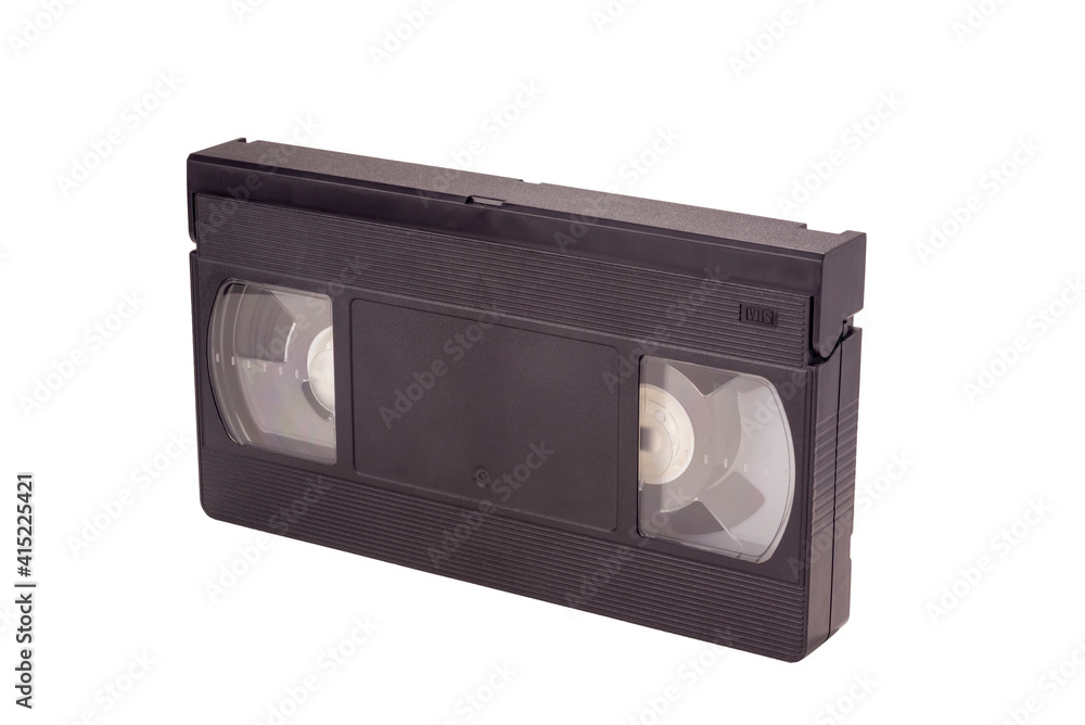 Consumer-level analog video recording tape cassette of VHS standard, isolated