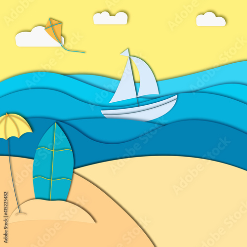 Summer sea picture origami made paper. a sandy Sunny island with beach skid and surfboard and kite overlooking a ship. Vector illustrations, paper art and digital style.