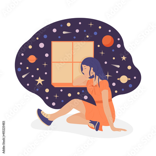 Vector illustration, girl sitting by the window against the background of the starry sky