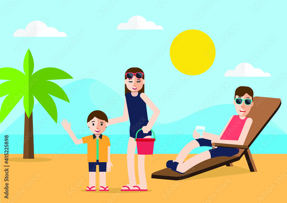 Happy family enjoying on beach during vacations, vector illustration.