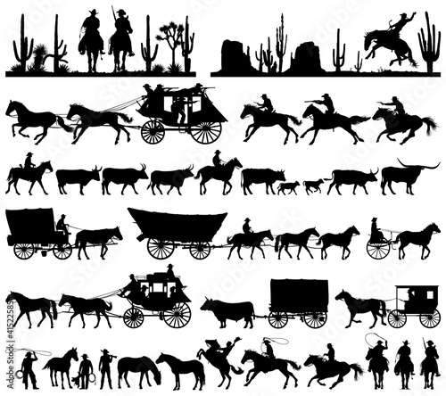 Foto Wild west cowboy with longhorn horse stagecoach carriage icons vector silhouette