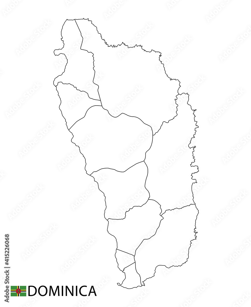 Dominica map, black and white detailed outline regions of the country.