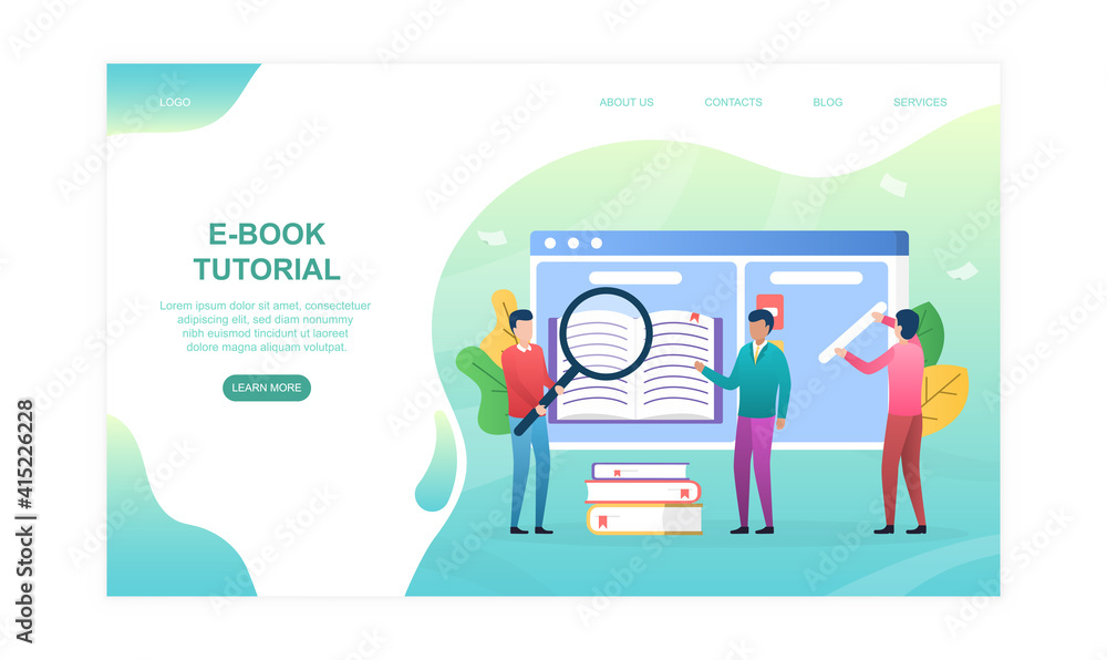 E-book tutorial abstract concept. Flat cartoon vector illustration. Website, web page, landing page template E-book tutorial abstract concept. Flat cartoon vector illustration. Website, web page, landing page template