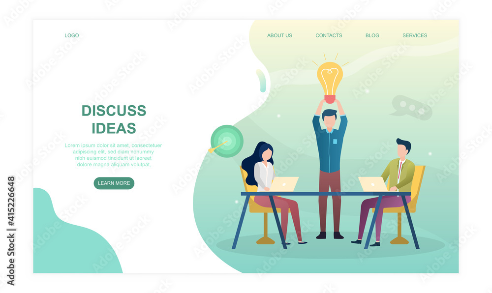 Male and female characters are sitting together discussing ideas. Improving business strategy and product innovation. Website, web page, landing page template. Flat cartoon vector illustration