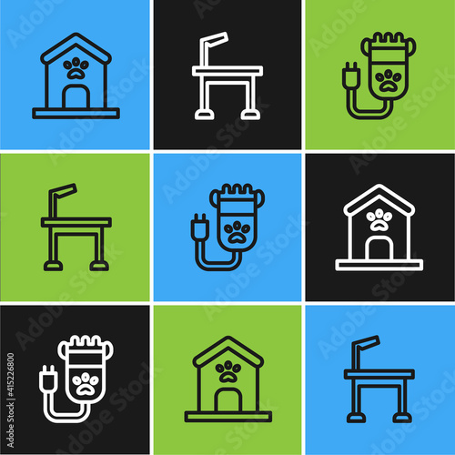 Set line Dog house and paw print, Hair clipper pet and Pet grooming table icon. Vector.