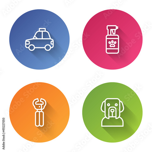 Set line Pet car taxi, shampoo, nail clippers and Dog. Color circle button. Vector.